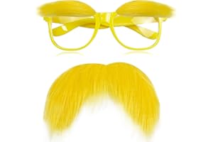 AIHSUMC Yellow Mustache and Eyebrows With Glasses Halloween Costume Accessories for Adult, Fake Beard Funny Party Favor Cosplay Costume Set Men Women