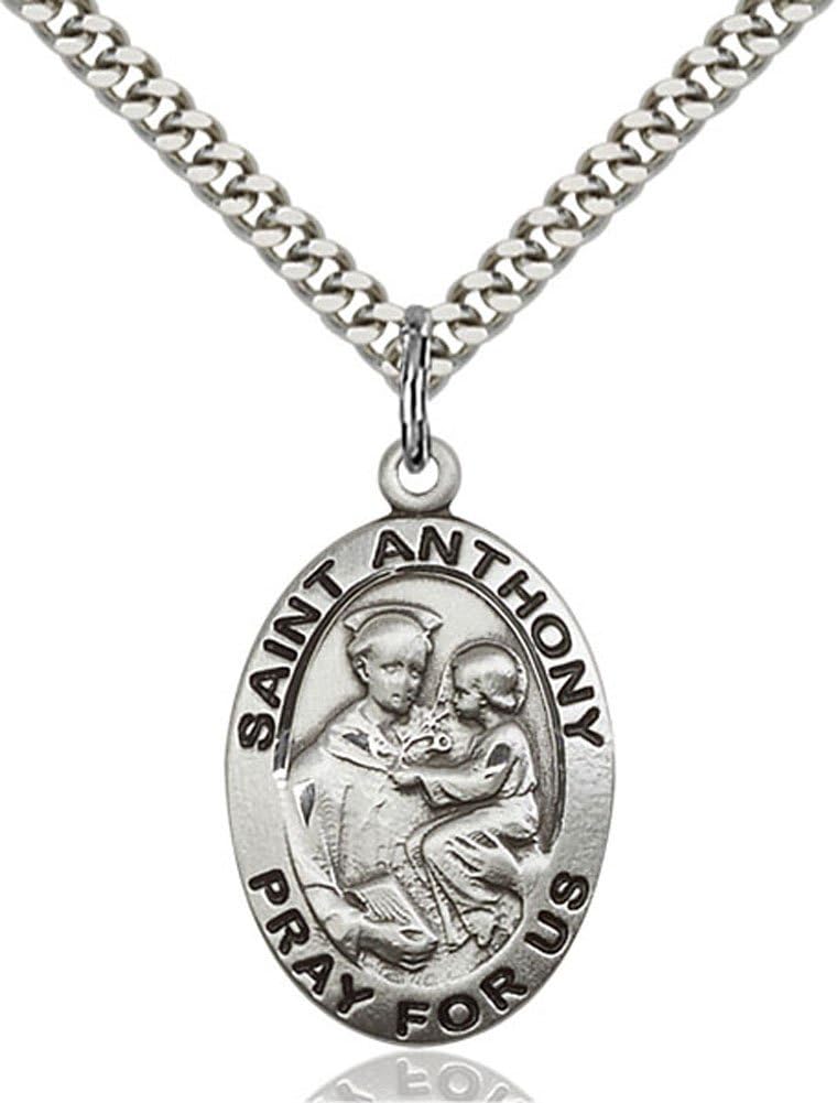 Men's Oval Sterling Silver Saint Anthony of Padua Medal + 24 Inch Endless Rhodium Plated Chain