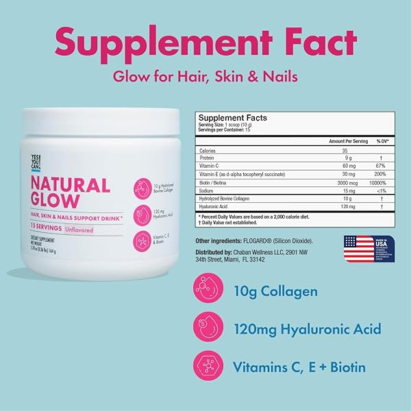 YES YOU CAN! NATURAL GLOW BEAUTY COLLAGEN POWDER – 10G HYDROLYZED COLLAGEN WITH BIOTIN, HYALURONIC ACID, VITAMINS C & E – SKIN, HAIR & NAIL SUPPORT – 15 SERVINGS (UNFLAVORED)