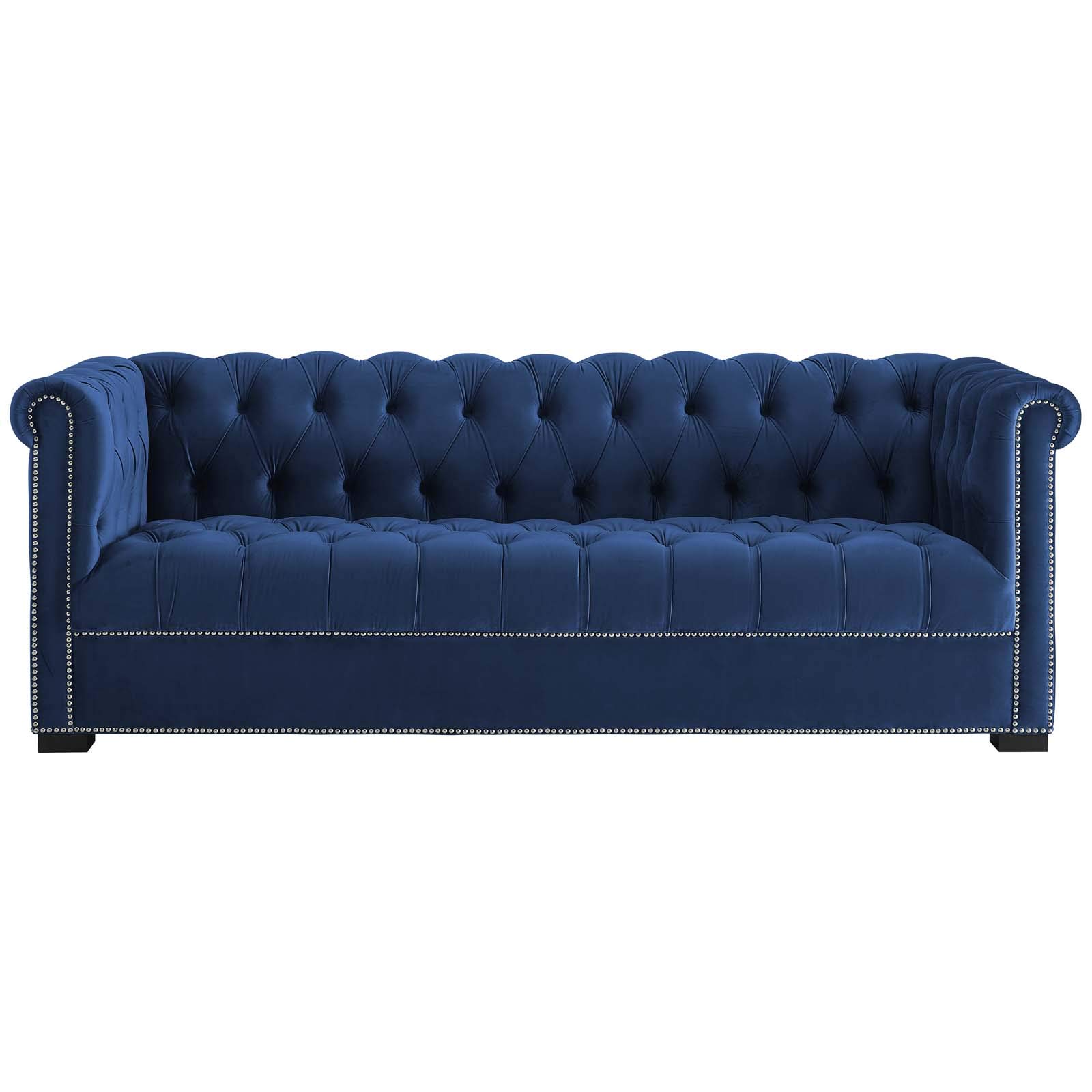 Modway Heritage Tufted Performance Velvet Upholstered Chesterfield Sofa with Nailhead Trim in Midnight Blue