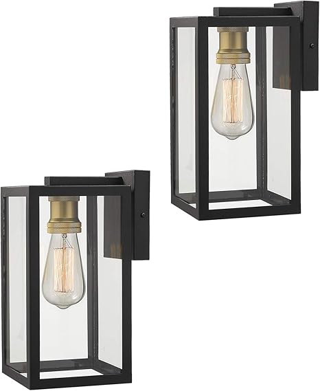 Amazon Com Zeyu Exterior Wall Mount Light 2 Pack 1 Light Outdoor Wall Sconce Light Fixtures For Porch Black And Gold Finish With Clear Glass 02a151 2pk Bk Home Improvement