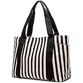 YHSHYZH Canvas Tote Bag for Women, Striped Work Purse With Pockets & Zipper, Daily Use Bag for Beach, Tavel, Gym