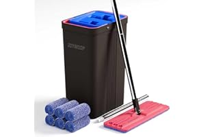 JOYMOOP Mop and Bucket with Wringer Set, Hands Free Flat Floor Mop and Bucket, with 6 Washable Microfiber Pads, Wet and Dry Use, Floor Cleaning System - Black+Red+Slate Blue