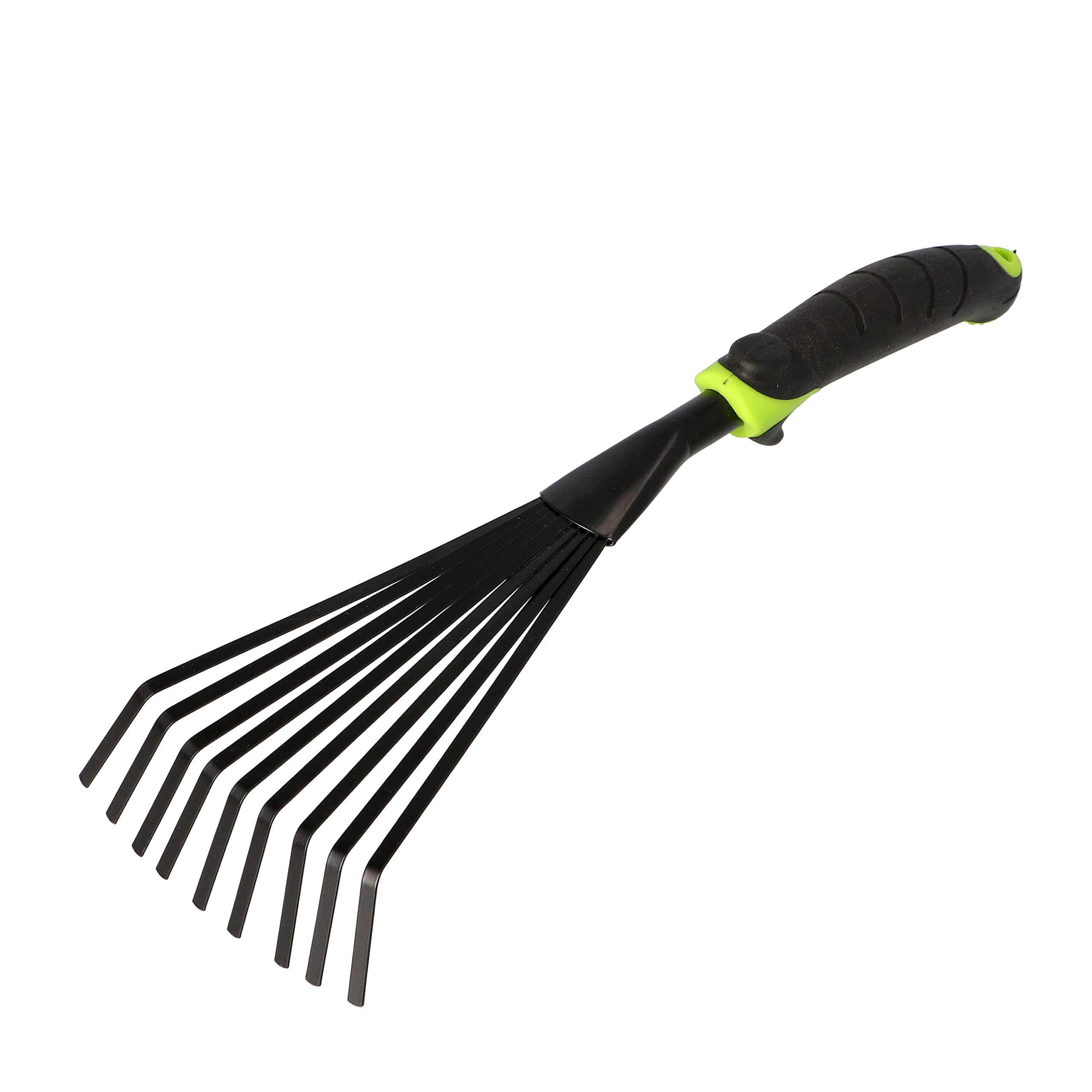 Mivos Steel Hand Fan Broom with 9 Elastic Prongs - Hand Rake with Short Handle for Leaf Weeds Grass Cutting - Leaf Rake for Garden - Working Width 12 cm