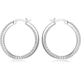 MISS MIMI Cubic Zirconia Hoop Earrings for Women, Thin Lightweight Pavé Hoops in 0.55”, 1.1” & 1.65” Sizes, Rhodium Plated with Hypoallergenic 925 Sterling Silver Posts, Sparkling Everyday Circle Earrings