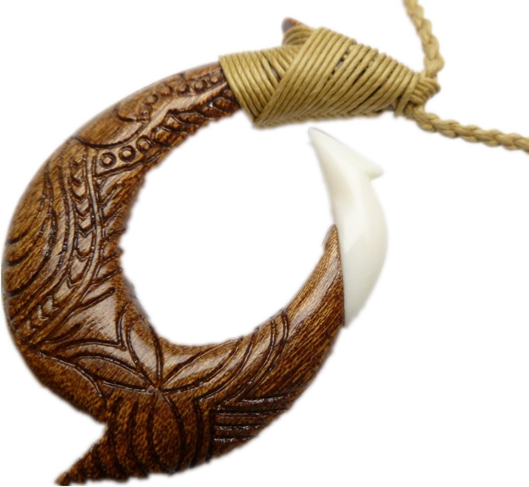 Hawaiian, Natural Koa Wood and Bone Pendant" Fishhook" w/adjustable Hemp cord