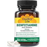 Country Life Benfotiamine 150mg with Thiamin, 60 Vegan Capsules | Provides 50 mg of Thiamin per serving for daily support; certified vegan and gluten free