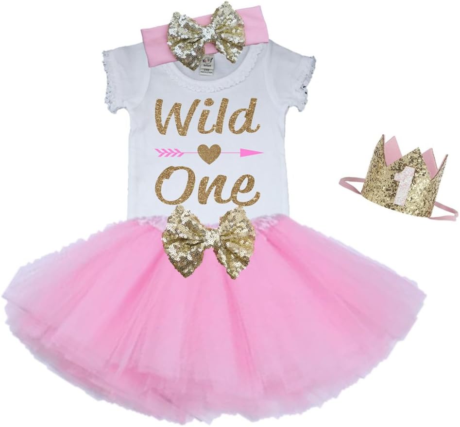 Girl Wild One First Birthday Tutu Outfit Pink and Gold 1st Birthday Set Skirt Crown