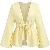 OYOANGLE Women's Bell Long Sleeve Tie Front Blouse Textured Deep V Neck Cute Peplum Tops