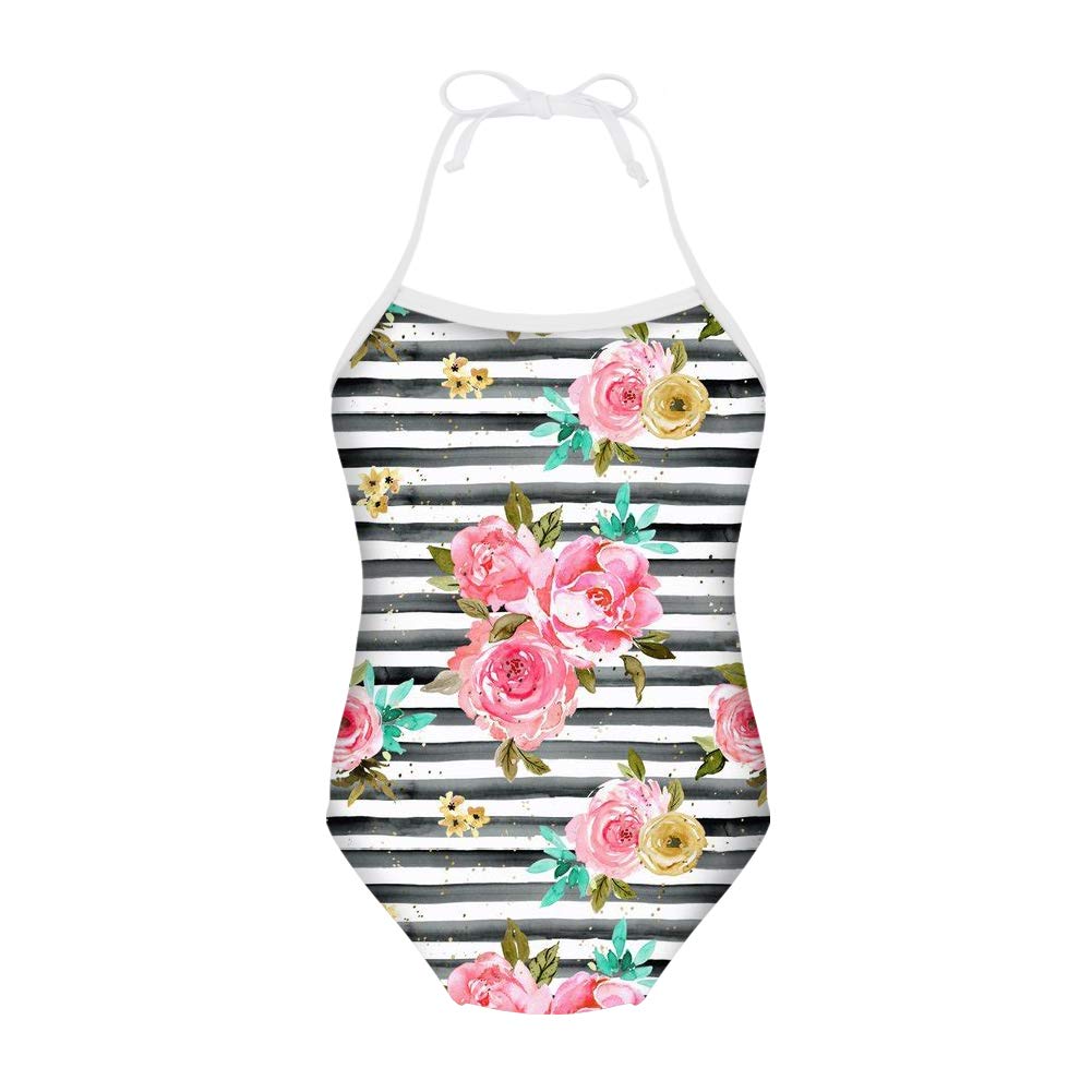 Uniceu Girls Childrens One Piece Swimsuit Halter Swimwear Floral Stripe Bathing Suit For 3y 8y Sports Fitness Swimwear Medicicapelli Com Au