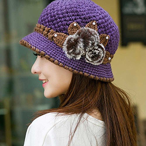CapsA Winter Knit Hat for Women Girls Warm Chunky Thick Stretchy Knit Beanie Skull Cap Winter Knitting Warm Hat Soft Stretch Slouchy Crochet Knitted Flowers Decorated Ears Hat - Thumbnail 2