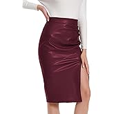 We1Fit Women's Fuax Leather Skirt High Waisted Ruched Front Slit Bodycon Slim Pencil Midi Skirts