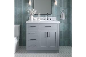 ARIEL Bathroom Vanity 37" Grey with 1.5" Edge Pure White Quartz Countertop & Backsplash, Right Rectangular Sink, 2 Soft Closing Doors, 5 Full Extension Dovetail Drawers, Toe Kick, Matte Black