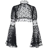 Women Bell Sleeve Goth Lace Bolero Shrug Top Y2k Mesh Black Punk Rave Festival Crop Tops