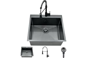 WMXQX Black Drop In Laundry Sink with Faucet Combo, 25"x22"x12" Utility Sink Drop In Stainless Steel Laundry Sink 16 Gauge 12" Deep Single Bowl Kitchen Sinks