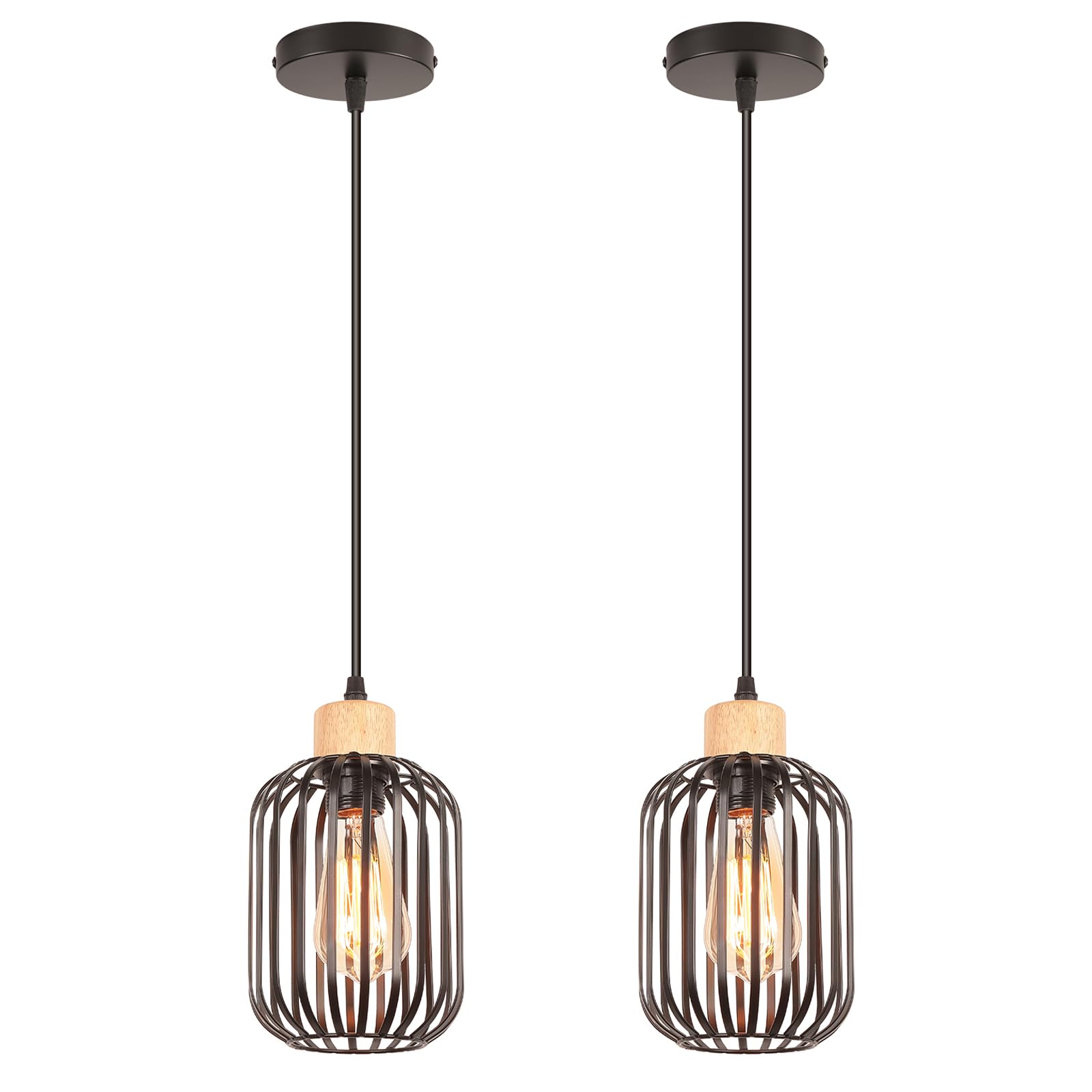 LIGKIN Set of 2 Industrial Pendant Light Vintage Ceiling Light E27 Metal Cage Design Ceiling Light Black for Kitchen, Living Room, Bedroom, Bar