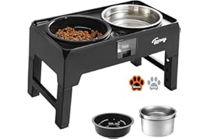 Toozey Elevated Dog Bowls, 2 Large 68oz Stainless Steel & 1 Slow Feeder Raised Bowls, 4 Height Adjustable Water and Food Bowl with Stand, Water Collection & Spill-Proof for Large Medium Small, Black