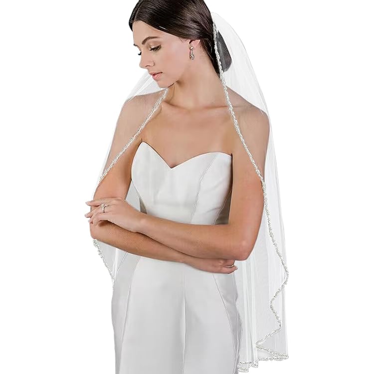 YAEISM Pearl Edge Wedding Veil Sequin Beaded Trim Bridal