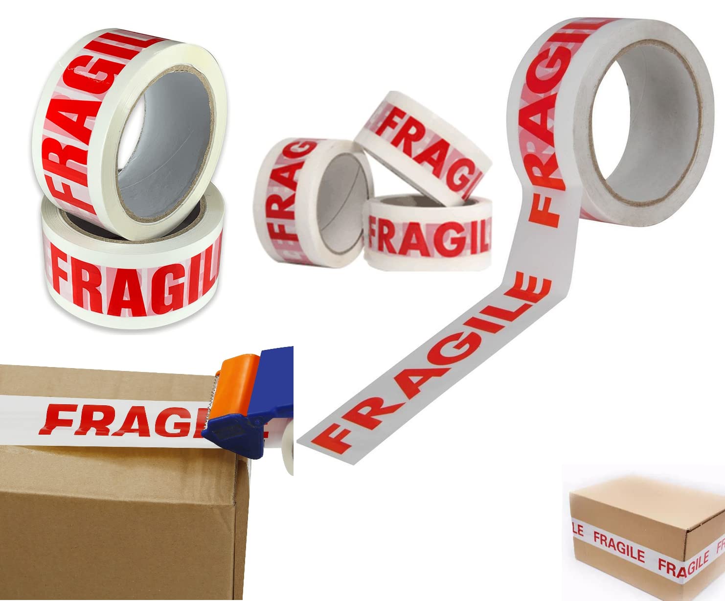 Homey Mart 6 x Strong Fragile Tape for Packing Boxes, Heavy Duty Secure Sticky Carton Sealing Tape Rolls for Cardboard Boxes Storage Packaging Moving House Office and Parcel Boxes - 48mm x 66m