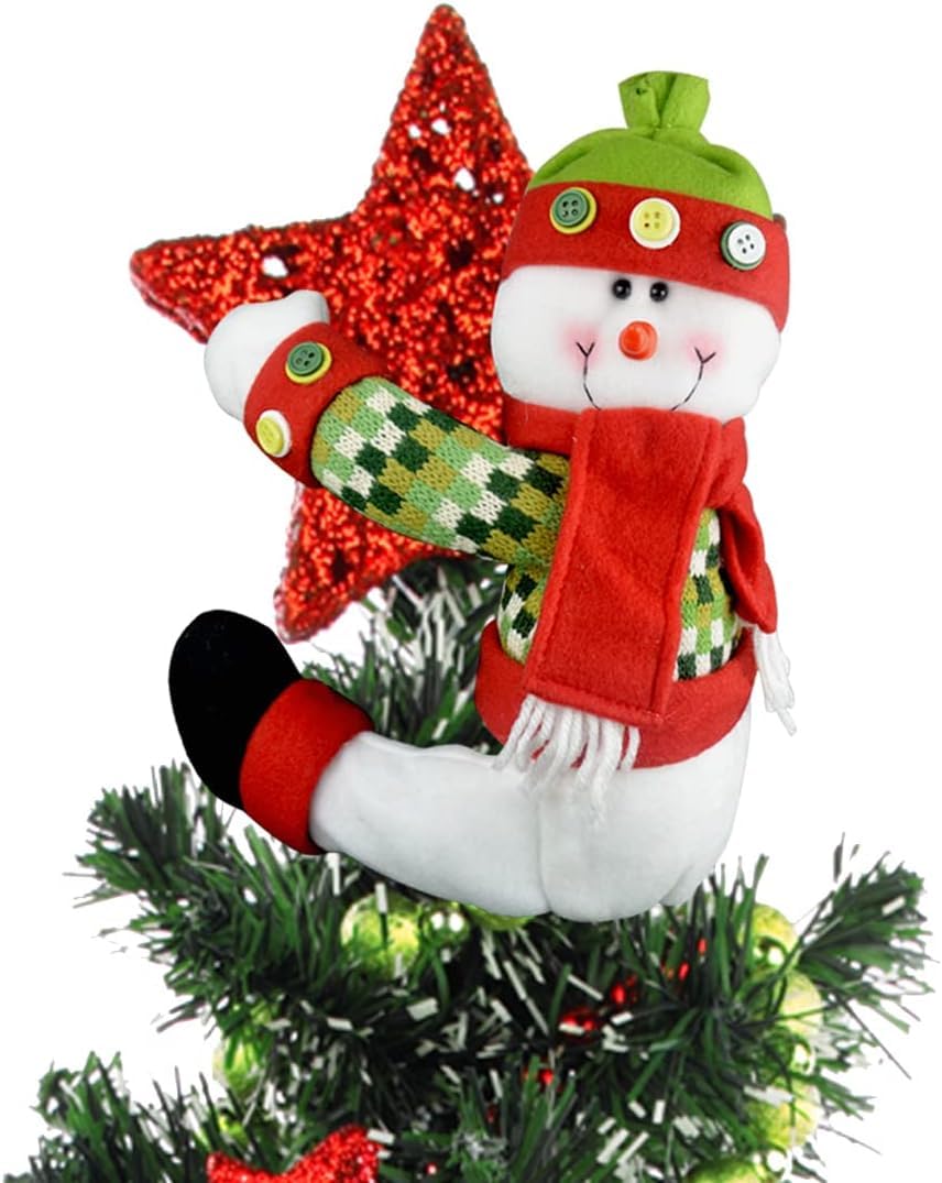 KAHEIGN Christmas Tree Topper, 33CM Large Snowman Xmas Tree Top Hat with Red Scarf and Plaid Jacket for Curtain Tie Hugger Wine Bottle Home Christmas Holiday Winter Party Decor