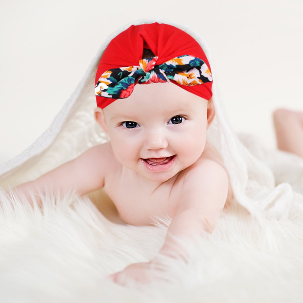 Xeababy Bow Hats for Newborn Baby Girls, 6 pcs Elastic Knot Headbands Hat Large Bow Infant Hat Headband Bow Hair Accessories