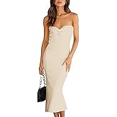 WFHFNJW Women Sexy Twist Knot Front Ribbed Knit Bodycon Bandeau Tube Dress Casual Solid Strapless Maxi Long Dress