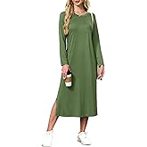 MISFAY Women Long Sleeve Midi Dresses 2025 Fall Side Slit Casual Crewneck Loose Long T Shirts Dress with Pockets