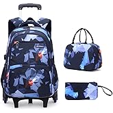 Mildame Geometric Print Rolling Backpack for School Boys Girls with Lunch Bag Teens Bookbag with Wheels Kids Trolley Bag Set, Six Wheels