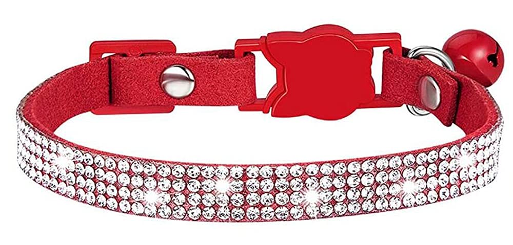 haoyueer Rhinestones Dog Cat Collars with Bell Bling Pet Puppy Collars with Soft Velvet Crystal Collars Girl Jeweled Necklace (Red)