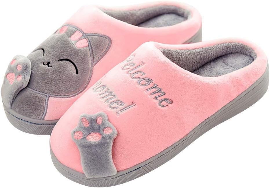 Schuhchan Women Plush Home Slippers Cute Cat Indoor Winter Slippers