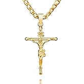NORBU 18K Gold over S925 Crucifix Necklace for Men with Rope/Cuban Chain, Catholic Jesus Cross Pendant, Men's Religious Gift for Easter Christmas