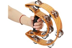 FAMKIT Double Row Handbell, Tambourines for Adults Hand Percussion Metal Jingles with Ergonomic Grip Percussion Instrument
