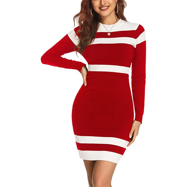 PEHMEA Women's Knitted Striped Bodycon Mini Sweater Dress Long Sleeve Crew  Neck Fall Winter(Green-S) at Amazon Women's Clothing store