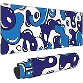 Navy Blue White Gaming Mouse Pad XL 31.5”x11.8” Anime Cool Desk Pad Geometric Japanese Desk Mat Non-Slip Rubber Base Stitched Edge Extended Keyboard PC Computer Pad Gaming for Home Office Work Desktop