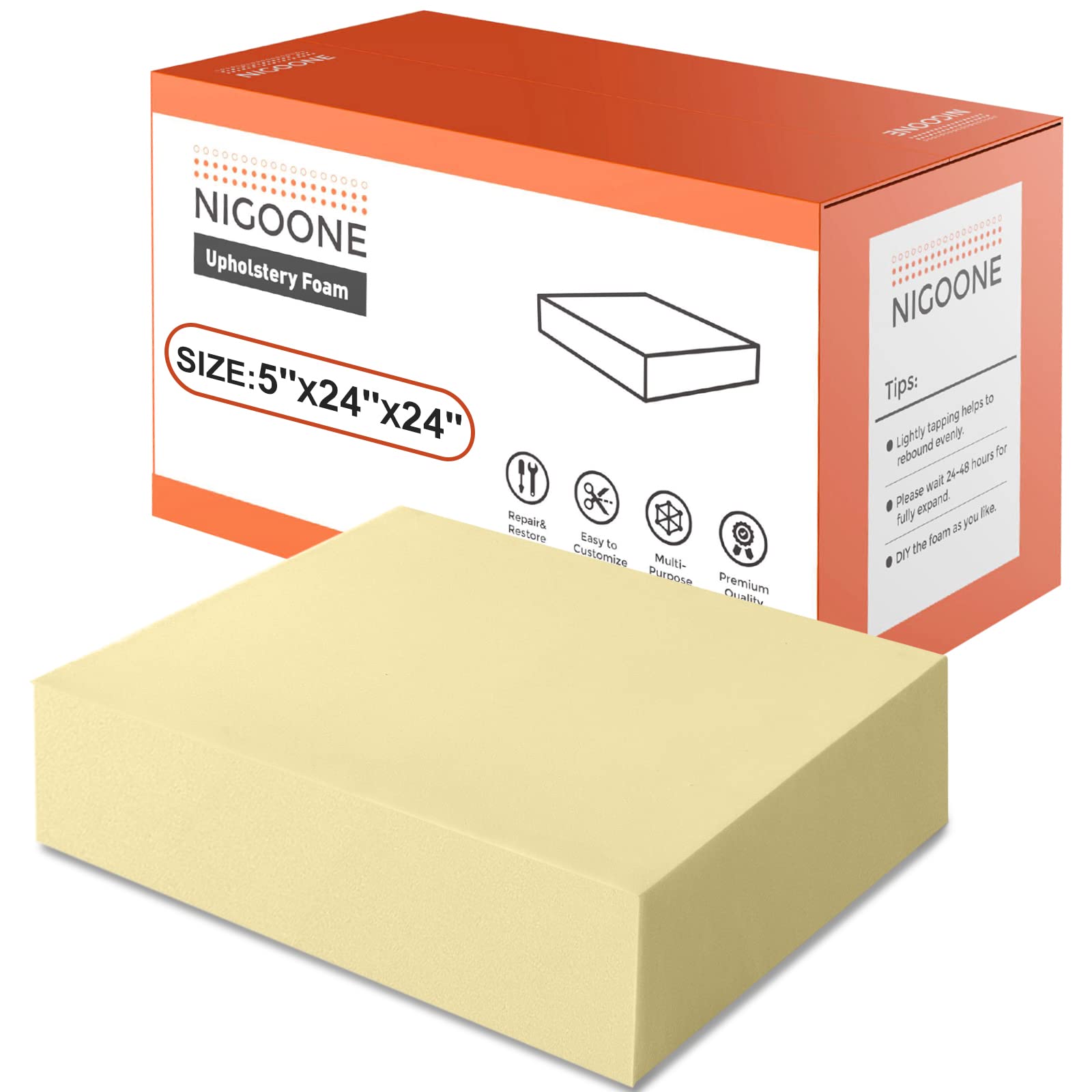 Photo 1 of Nigoone Upholstery Foam Cushion 5"X 24"X 24" Square Foam Replacement Foam for Couch Chair Seat Padding, High Density Thick-Custom Pillow and Craft Foam Upholstery Supplies, 5 Inch Thick