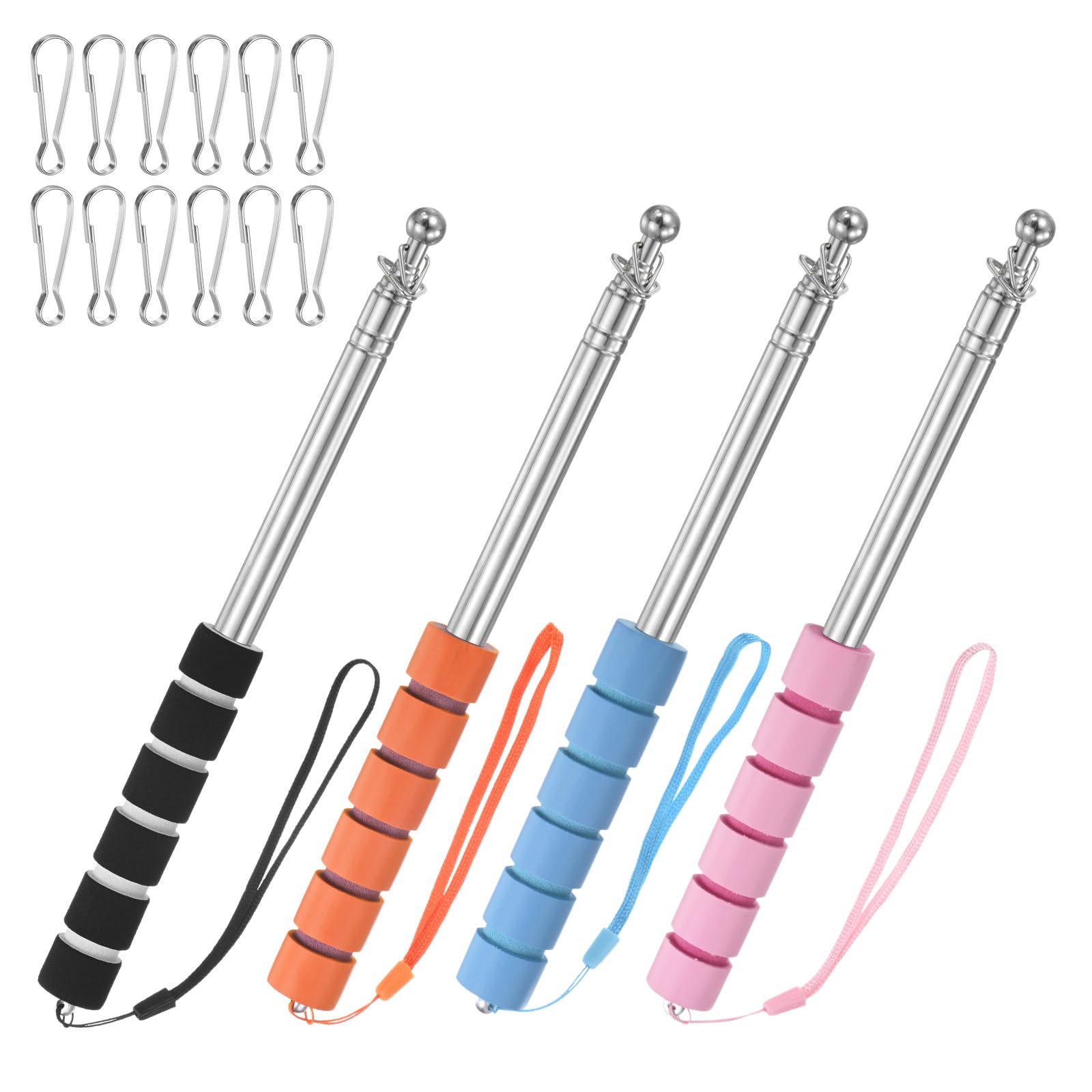M METERXITY 4-Pack 5.25Ft/1.6M Telescopic Handheld Flagpoles, Telescopic Flag Pole with Clips Portable Stainless Steel Flag Pole for Truck/Outside/Tour/Guide/Festival[Black/Orange/Blue/Pink]