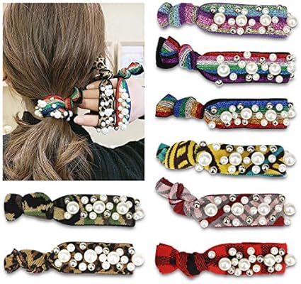 Abitzon 8 Pcs Hair Bands Pearl Rainbow Scrunchies Simple Style