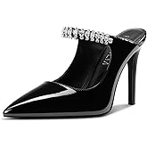 HDEUOLM Womens Heeled Mules Stiletto High Heel Pointed Toe Pumps Slip-on Rhinestone Wedding Dress 3.9 Inches Heels