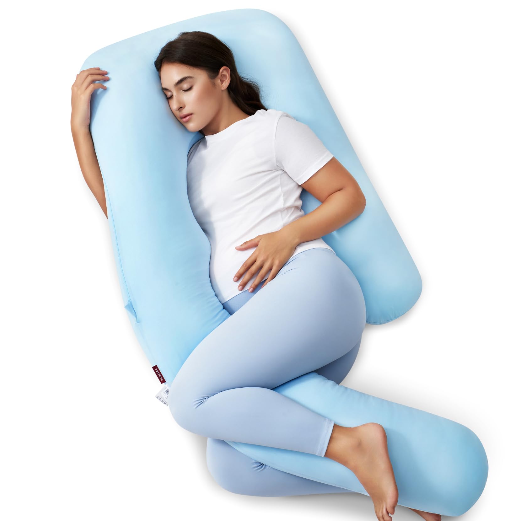 Photo 1 of Momcozy Pregnancy Pillow with Cooling Cover, Dreamlign U Pro Maternity Pillow with Adjustable Leg Pillow - Support for Back, HIPS, Belly, Legs for Pregnant Women, 50-72 Inch, Bule