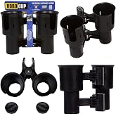 ROBOCUP, (Black), Patented Clamp On Boat Cup Holder |Multifunction Dual Drink Caddy for Fishing Poles, Tools, Net, Gaff |Portable Storage for Boating, Beach, Umbrellas, Golf Carts, Strollers