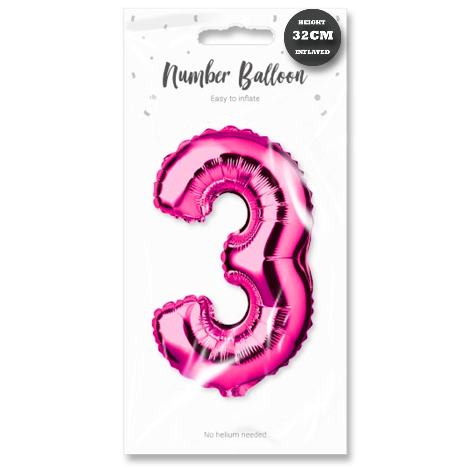 Lizzy Pink Foil Number Balloon | 32cm Height | 0-9 Balloons Number for Girls Ladies Women Mum Grand Mum Birthday Party | Complete with a Plastic Blow Tube (Character: 3)