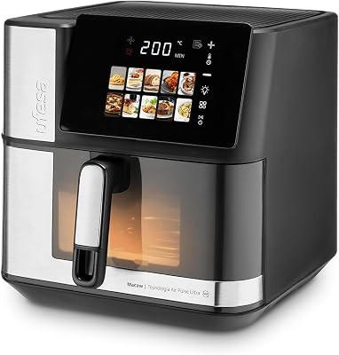 Friggitrice ad aria calda Macaw, 8,8 l, 2200 W, doppi elementi riscaldanti, cottura rapida e croccante, Air Pulse 360°, touch screen digitale, 10 programmi, finestra con luce, teglia