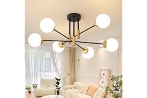 Biewalk Sputnik Ceiling Light Fixture 6 Light Sputnik Chandeliers, Black and Gold Chandelier Light Fixture with Milk White Glass Shade for Living Room Kitchen Bedroom Dining Room (E26 Bulb Excluded)