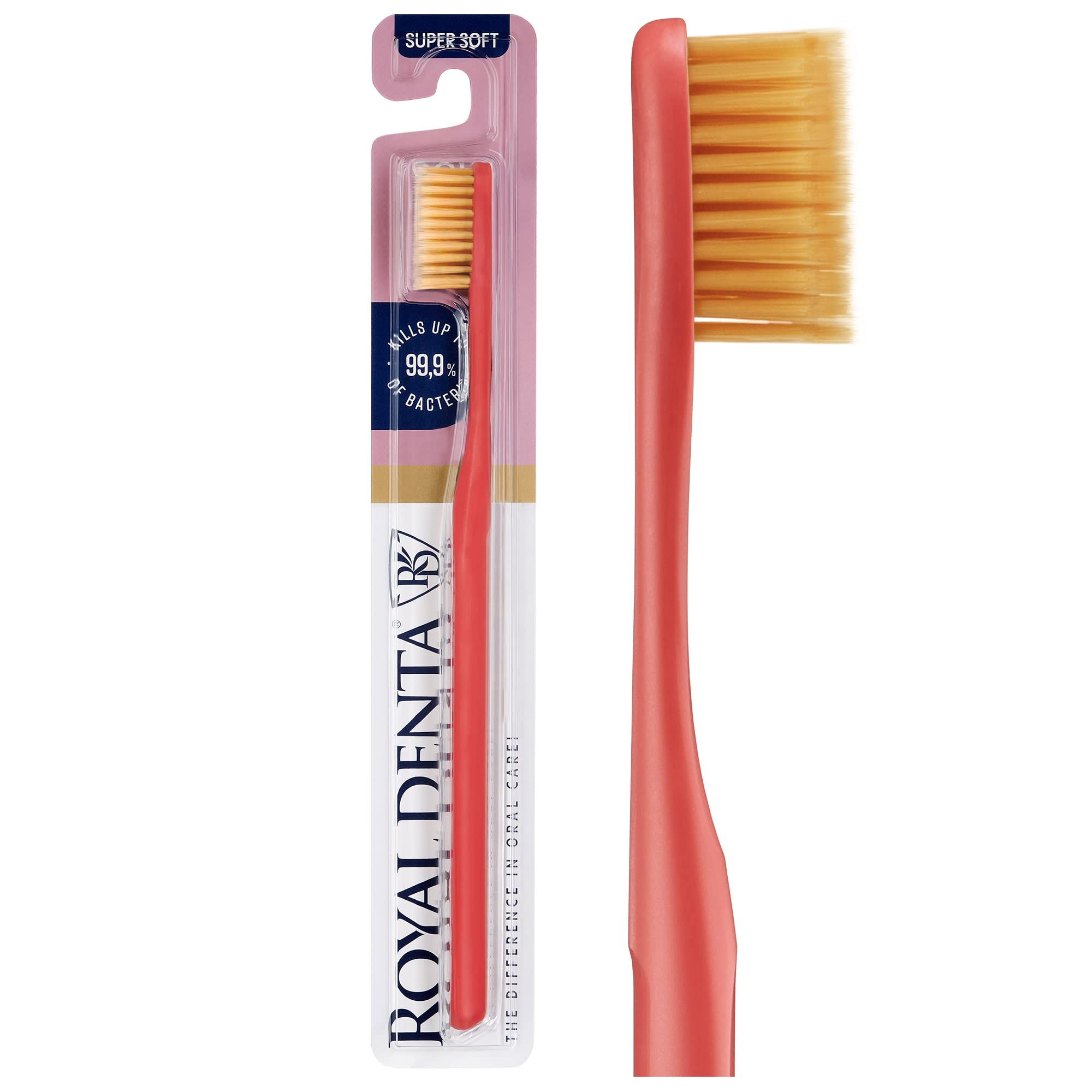 Royal Denta Extra Soft Toothbrush for Adults – Soft Bristle Manual Tooth Brush for Sensitive Teeth and Gums with Dual-Length Gold-Infused Bristles, Made in Korea (Coral)
