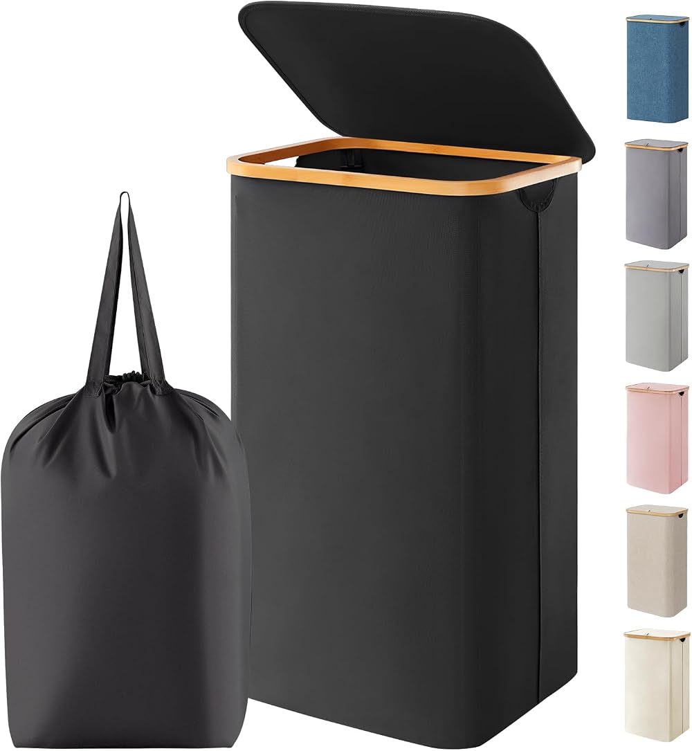 Lifewit 100L Laundry Basket with Lid Bamboo Handles Removable Bag Black