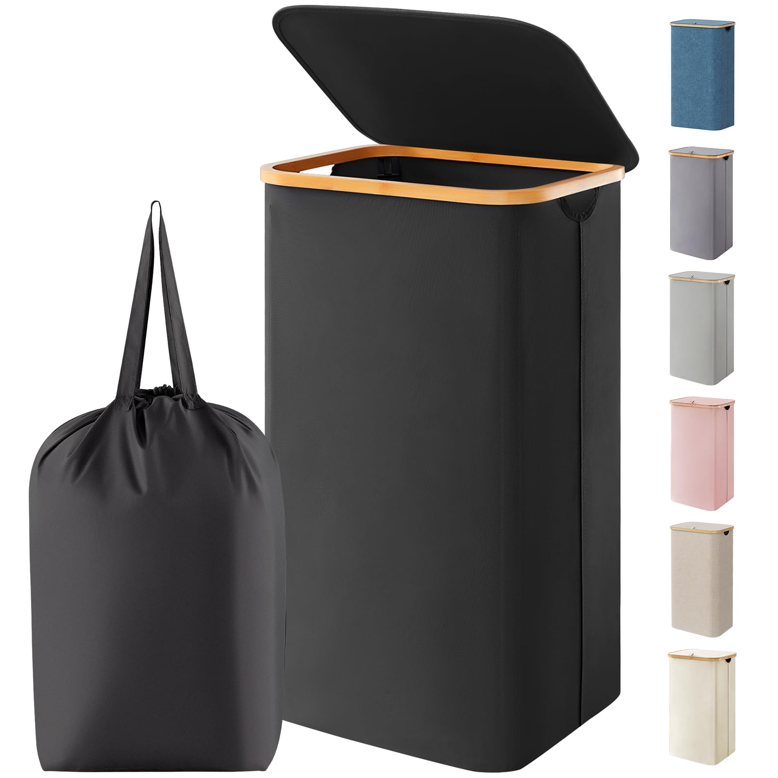 Lifewit 100L Laundry Basket with Lid, Dirty Clothes Bin with Bamboo Handles and A Removable Bag, Large Foldable Washing Basket for Bedroom, Bathroom, Dorm, Laundry Room, Black