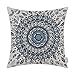 CaliTime Canvas Throw Pillow Cover Case for Couch Sofa Home Decor Floral Compass Leaves Medallion 18 X 18 Inches Navy Blue