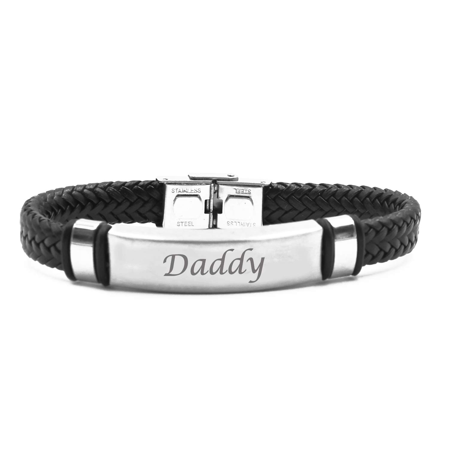 Kigu Daddy Bracelet, Black Leather Braided Bracelet, Gifts for dad,Personalised dad Bracelet,customised Jewellery for Men