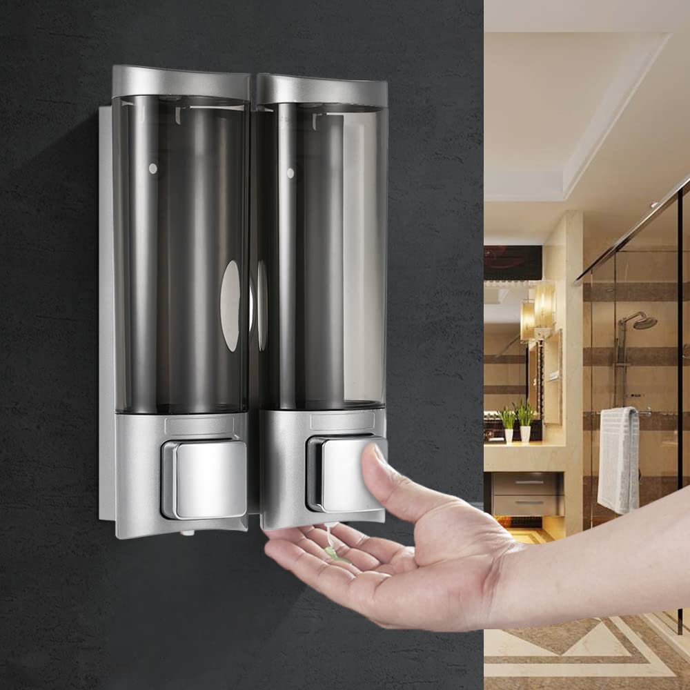Ailgely Manual Soap Dispenser Wall Mount, No Drilling, Hand Soap Dispenser, Wall Mount, Double Liquid Shampoo Shower Gel Dispenser, for Kitchen, Bathroom, Toilet, Hotel, 200 ml x 2