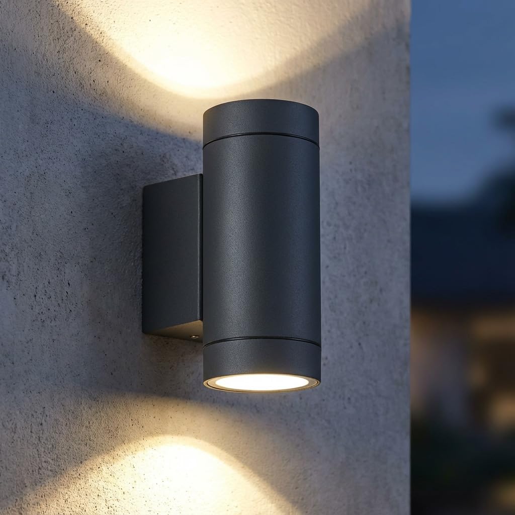 LASIDE Outdoor Wall Lights, Anthracite Grey GU10 Up Down Outside Wall Lights Electric, IP65 Waterproof Aluminium Garden Wall Light Mains Powered for Patio, Terrace, Garden, Balcony, Porch, Garage